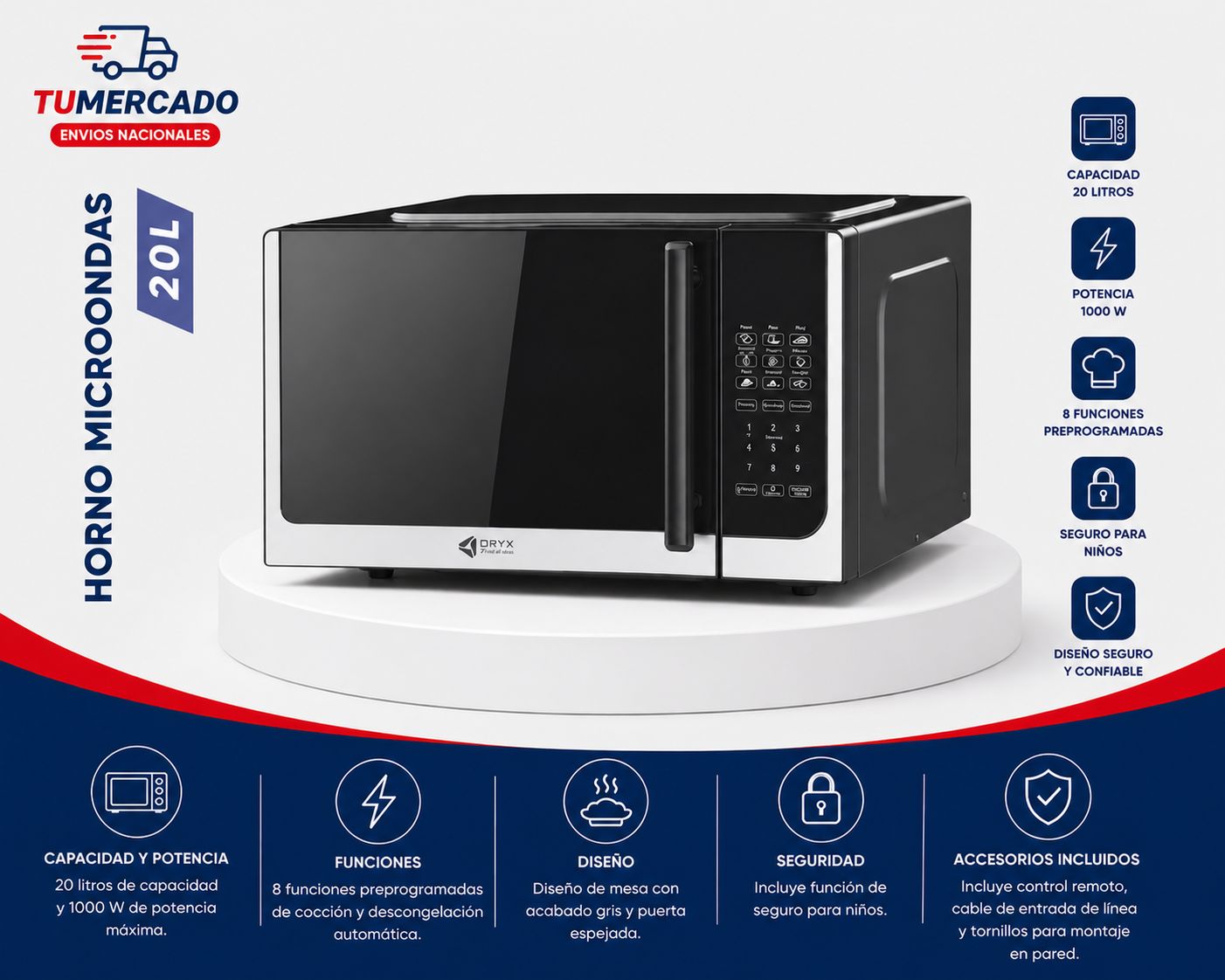 Microondas Digital Tactil 20 Litros