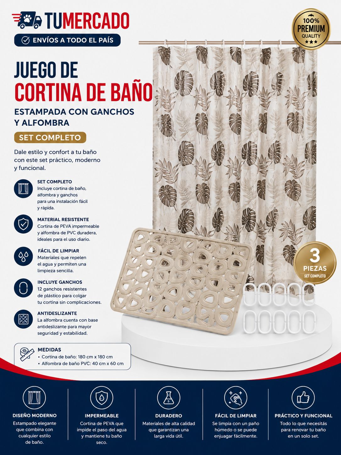 Juego De Cortina de Baño + Ganchos + Alfombra 3 en 1