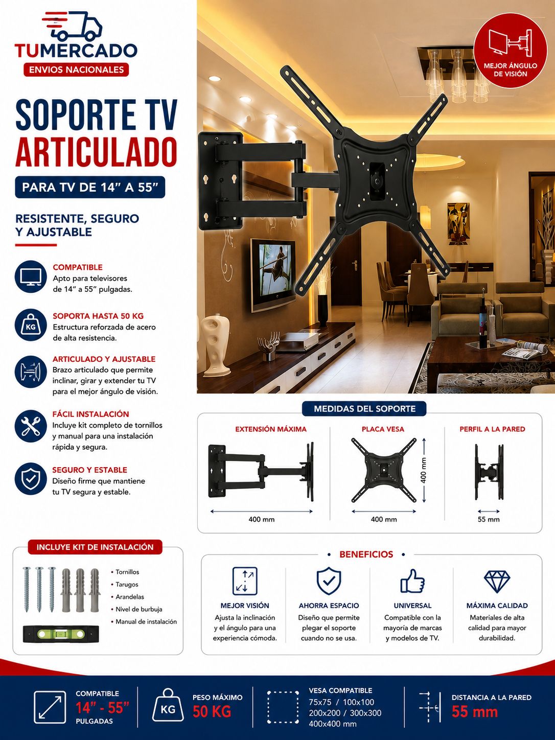 Soporte articulado de pared para televisores
